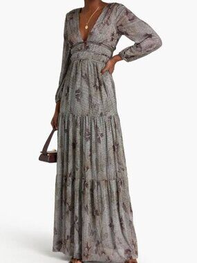 NWT BA&SH Lili Tiered Metallic Floral Long Sleeve Maxi Party Dress - 1/S